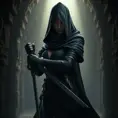 Full body matte portrait of a beautiful veiled armed female Assassin in a dungeon, Gothic and Fantasy, Volumetric Lighting, Fantasy, Threatening by Stefan Kostic