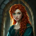 Matte portrait of Disney's Merida of DunBroch inside a castle, Ultra Detailed, Half Body, Beautiful, Matte Painting, Sharp Focus, Portrait, Fantasy by Stefan Kostic