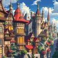 Buildings and homes of a maximalism fantasy city, Highly Detailed, Beautiful, Digital Painting, Anime, Fantasy by Studio Ghibli
