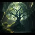 A Tree Of Life growing in the middle of overgrown ancient ruins indoors., 4k resolution, Hyper Detailed, Trending on Artstation, Volumetric Lighting, Concept Art, Digital Art, Fantasy, Dark by Greg Rutkowski
