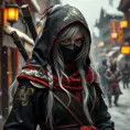 Mysterious beautiful white kunoichi ninja wearing black, red and gold in the streets of a dark snowy town in russia, Intricate Details, White Hair, Photo Realistic by Greg Rutkowski