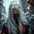 Mysterious beautiful white kunoichi ninja wearing black, red and gold in the streets of a dark snowy town in russia, Intricate Details, White Hair, Photo Realistic by Greg Rutkowski