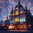 art nuveau exterior fantasy colorful building office space futuristic rococco baroques victorian, Highly Detailed, Masterpiece, Vintage Illustration, Cinematic Lighting, Photo Realistic, Digital Art by Studio Ghibli