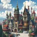 Buildings and homes of a maximalism fantasy city, Highly Detailed, Beautiful, Digital Painting, Anime, Fantasy by Studio Ghibli