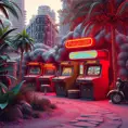 80s futuristic outdoor retro arcade, desolate, lush vegetation, Highly Detailed, Intricate, Artstation, Sharp Focus, Smooth, Octane Render, Centered, Dynamic, Elegant by Beeple, Justin Gerard, James Gilleard, Simon Stalenhag