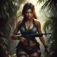 Full body portrait of a beautiful armed Lara Croft emerging from the jungle, Highly Detailed, Intricate, Sharp Focus, Volumetric Lighting, Fantasy, Elegant, Threatening by WLOP