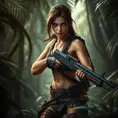 Full body portrait of a beautiful armed Lara Croft emerging from the jungle, Highly Detailed, Intricate, Sharp Focus, Volumetric Lighting, Fantasy, Elegant, Threatening by Stefan Kostic