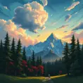 painting of evening sky, low thunder clouds foothpath with trees at indian summer with zugspitze fitz roy in background, colours green, red, blue black and white, acuarela, Highly Detailed, Beautiful, Digital Painting, Anime, Fantasy by Studio Ghibli