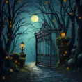 A beautiful digital illustration painting of a detailed gothic fantasy fireflies forest trees and iron gate cobblestone pathway vines full moon, Artstation, Digital Illustration, Concept Art