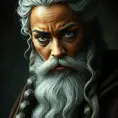 Rihanna as a wizard with a very long beard like Dumbledore, Intricate Artwork, Intricate Details, Half Body, Beautiful, Matte Painting, Sharp Focus, Portrait, Fantasy, Threatening by Stefan Kostic