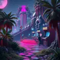 80s futuristic outdoor retro arcade, desolate, lush vegetation, Highly Detailed, Intricate, Artstation, Sharp Focus, Smooth, Octane Render, Centered, Dynamic, Elegant by Beeple, Justin Gerard, James Gilleard, Simon Stalenhag