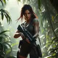 Full body portrait of a beautiful armed Lara Croft emerging from the jungle, Highly Detailed, Intricate, Sharp Focus, Volumetric Lighting, Fantasy, Elegant, Threatening by WLOP