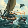 Six robots on a boat with harpoons, battling sharks with lasers strapped to their heads, Steampunk