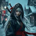 Mysterious beautiful white kunoichi ninja wearing black, red and gold in the streets of a dark snowy town in russia, 8k, Intricate Details, Trending on Artstation, White Hair by Stefan Kostic