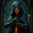 Full body matte portrait of a beautiful veiled armed female Assassin in a dungeon, Gothic and Fantasy, Volumetric Lighting, Fantasy, Threatening by Stanley Artgerm Lau