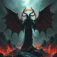 Satan in an Elden ring hell, Eldritch, Fantasy, Apocalyptic, Doom, Dreadful, Forbidding, Frightful, Harrowing, Ominous, Shocking, Terrifying, Threatening, Unnerving
