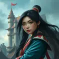 Matte portrait of Mulan inside a castle, Ultra Detailed, Half Body, Beautiful, Matte Painting, Sharp Focus, Portrait, Fantasy by Stanley Artgerm Lau