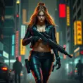 full body shot, armed beautiful woman walking with detailed eyes, dynamic pose, athletic , Cybernatic and Sci-Fi, Cyberpunk, Cityscape, Blade Runner 2049, Neon light effect, Neon, Futurism, Threatening