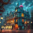 art nuveau exterior fantasy colorful building office space futuristic rococco baroques victorian, Highly Detailed, Masterpiece, Vintage Illustration, Cinematic Lighting, Photo Realistic, Digital Art by Stefan Kostic