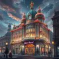 art nuveau exterior fantasy colorful building office space futuristic rococco baroques victorian, Highly Detailed, Masterpiece, Vintage Illustration, Cinematic Lighting, Photo Realistic, Sharp Focus, Smooth, Digital Art, Vector Art, Soft