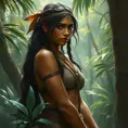 Pocahontas in the jungle, Ultra Detailed, Half Body, Beautiful, Matte Painting, Sharp Focus, Portrait, Fantasy by Stefan Kostic