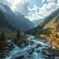 Lake in mountains streams and rivers flow down slopes of mountains and rocks into the valley spring in mountains, 8k, Award-Winning, Highly Detailed, Beautiful, Octane Render, Unreal Engine, Radiant, Volumetric Lighting by Greg Rutkowski