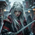 Mysterious beautiful white kunoichi ninja wearing black, red and gold in the streets of a dark snowy town in russia, Intricate Details, White Hair, Photo Realistic by Greg Rutkowski