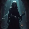 Full body portrait of a beautiful veiled armed female wraith in a dungeon, Gothic and Fantasy, Volumetric Lighting, Fantasy, Threatening by Greg Rutkowski