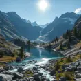 Lake in mountains streams and rivers flow down slopes of mountains and rocks into the valley spring in mountains, 8k, Award-Winning, Highly Detailed, Beautiful, Octane Render, Unreal Engine, Radiant, Volumetric Lighting by Greg Rutkowski