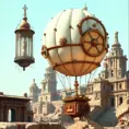 White steampunk hot air balloon with gears, Victorian style Ancient buildings, archeological ruins of lost civilizations and technology, Steampunk, Iridescence by Stanley Artgerm Lau