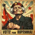 grandmother for president, intricate soviet propaganda poster, Cyrillic text, Boris kriukov, vote for grandmother, sharp focus, text at bottom, Cyrillic, no blur, old woman, Dystopian, Highly Detailed, Intricate Details, Post-Apocalyptic, Psychedelic, Retro-Futurism, Soviet Poster, Digital Painting, Poster, Propaganda Poster, Artgerm by Beeple, Alex Grey, Alphonse Mucha