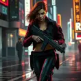 full body shot, armed beautiful woman walking with detailed eyes, dynamic pose, athletic , Cybernatic and Sci-Fi, Cyberpunk, Cityscape, Blade Runner 2049, Neon light effect, Neon, Futurism, Threatening by Stefan Kostic