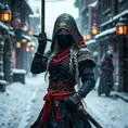 Mysterious beautiful white kunoichi ninja wearing black, red and gold in the streets of a dark snowy town in russia, Intricate Details, Photo Realistic