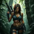 Full body portrait of a beautiful armed Lara Croft emerging from the jungle, Highly Detailed, Intricate, Sharp Focus, Volumetric Lighting, Fantasy, Elegant, Threatening by Greg Rutkowski