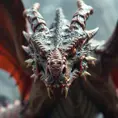 Closeup portrait of a fierce dragon in a fantasy world of dragons, Highly Detailed, Sharp Focus, Volumetric Lighting