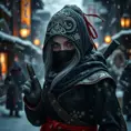 Mysterious beautiful white kunoichi ninja wearing black, red and gold in the streets of a dark snowy town in russia, Intricate Details, Bokeh effect, Photo Realistic, Volumetric Lighting by Stefan Kostic