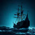 Close up of a Pirate Ship in rough seas on a dark starry night, Intricate, Ultra Detailed, Symmetry, Beautiful, Sharp Focus, Astrophotography, Centered, Volumetric Lighting
