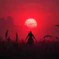 Female assassin creed emerging from a batte field. Sky is colored by a red sun set., Dystopian, Trending on Artstation, Volumetric Lighting