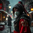 Mysterious beautiful white kunoichi ninja wearing black, red and gold in the streets of a dark snowy town in russia, Intricate Details, Bokeh effect, Photo Realistic, Volumetric Lighting by Greg Rutkowski
