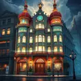 art nuveau exterior fantasy colorful building office space futuristic rococco baroques victorian, Highly Detailed, Masterpiece, Vintage Illustration, Cinematic Lighting, Photo Realistic, Sharp Focus, Smooth, Digital Art, Vector Art, Soft by Stanley Artgerm Lau