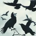 An illustration of a print of a Edgar Allan Poe, flying ravens, vintage t-shirt design, light white and dark blue pastel tetradic colors, Highly Detailed, Beautiful, Digital Painting, Anime, Fantasy by Studio Ghibli
