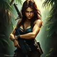 Full body portrait of a beautiful armed Lara Croft emerging from the jungle, Highly Detailed, Intricate, Sharp Focus, Volumetric Lighting, Fantasy, Elegant, Threatening by Stanley Artgerm Lau