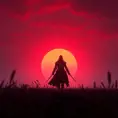 Female assassin creed emerging from a batte field. Sky is colored by a red sun set., Dystopian, Trending on Artstation, Volumetric Lighting by Stefan Kostic