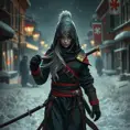 Mysterious beautiful white kunoichi ninja wearing black, red and gold in the streets of a dark snowy town in russia, Intricate Details, Photo Realistic by Greg Rutkowski