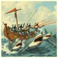 Six robots on a boat with harpoons, battling sharks with lasers strapped to their heads, Steampunk