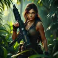 Full body portrait of a beautiful armed Lara Croft emerging from the jungle, Highly Detailed, Intricate, Sharp Focus, Volumetric Lighting, Fantasy, Elegant, Threatening by Beeple