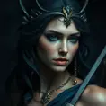 Matte portrait of the beautiful Artemis in dark blue, Highly Detailed, Intricate, Realistic, Sharp Focus, Volumetric Lighting, Fantasy, Elegant by WLOP