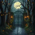 A beautiful digital illustration painting of a detailed gothic fantasy fireflies forest trees and iron gate cobblestone pathway vines full moon, 8k, Artstation, Digital Illustration, Concept Art by Justin Gerard, James Gurney