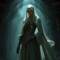Full body portrait of a beautiful veiled armed female wraith in a dungeon, Gothic and Fantasy, Volumetric Lighting, Fantasy, Threatening by Greg Rutkowski