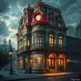 art nuveau exterior fantasy colorful building office space futuristic rococco baroques victorian, Highly Detailed, Masterpiece, Vintage Illustration, Cinematic Lighting, Photo Realistic, Digital Art by Stefan Kostic